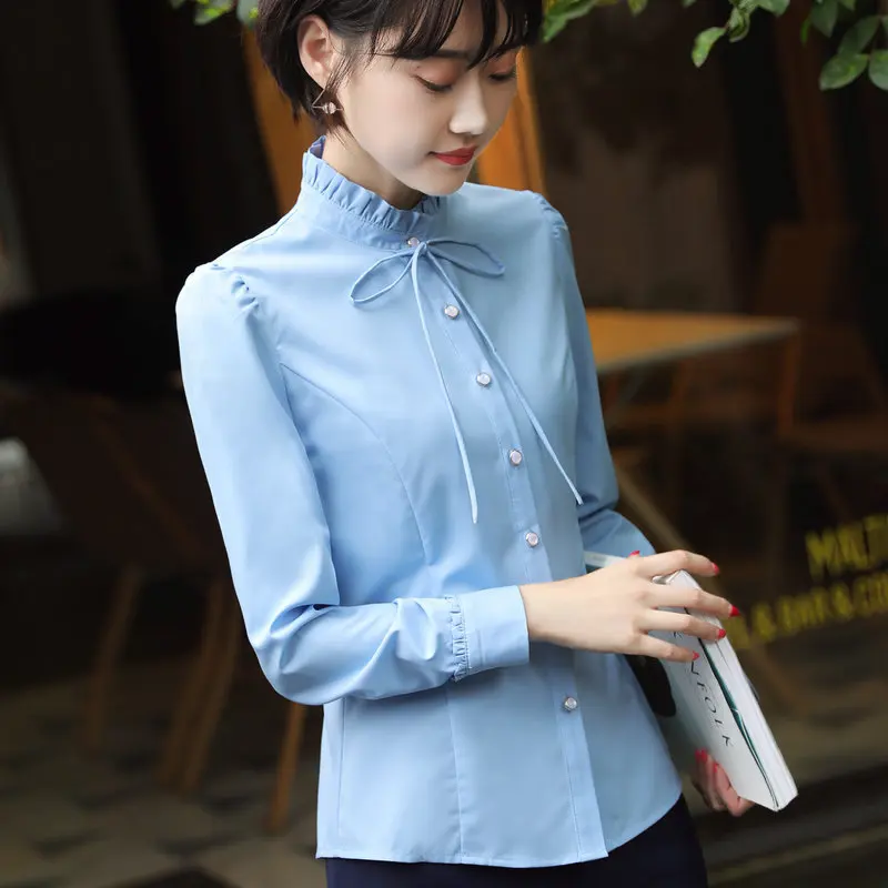 Женская блуза с длинным рукавом и воротником стойкой в розовом цвете|bow tie tops|ladies