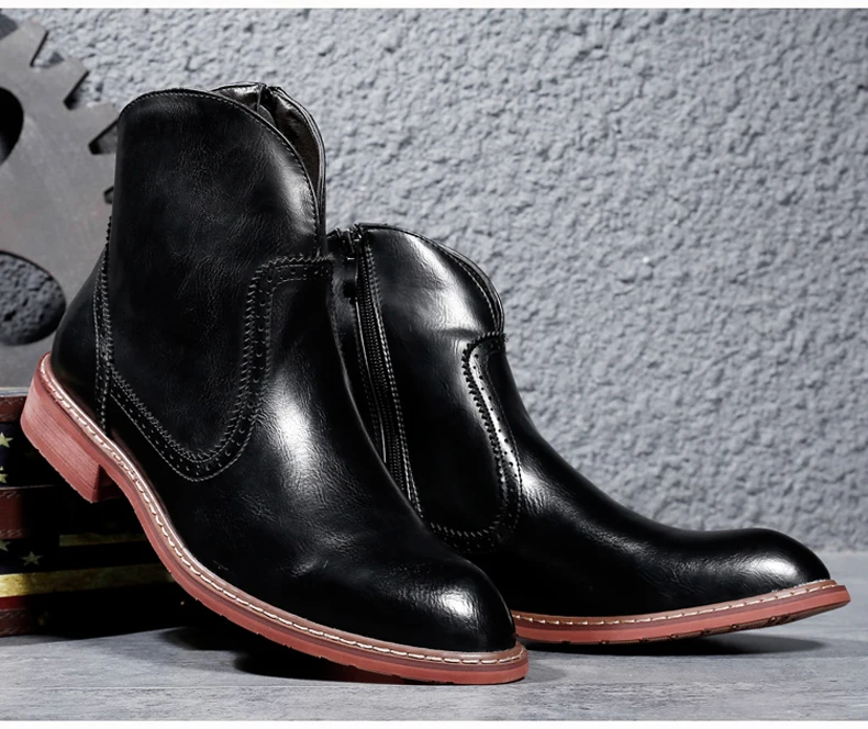 Men's Boot Slip-on Ankle Desert Boots Mens Black Leather Boots Men Winter Shoes Waterproof Military Boots' Men Combat Plus Size  (2)