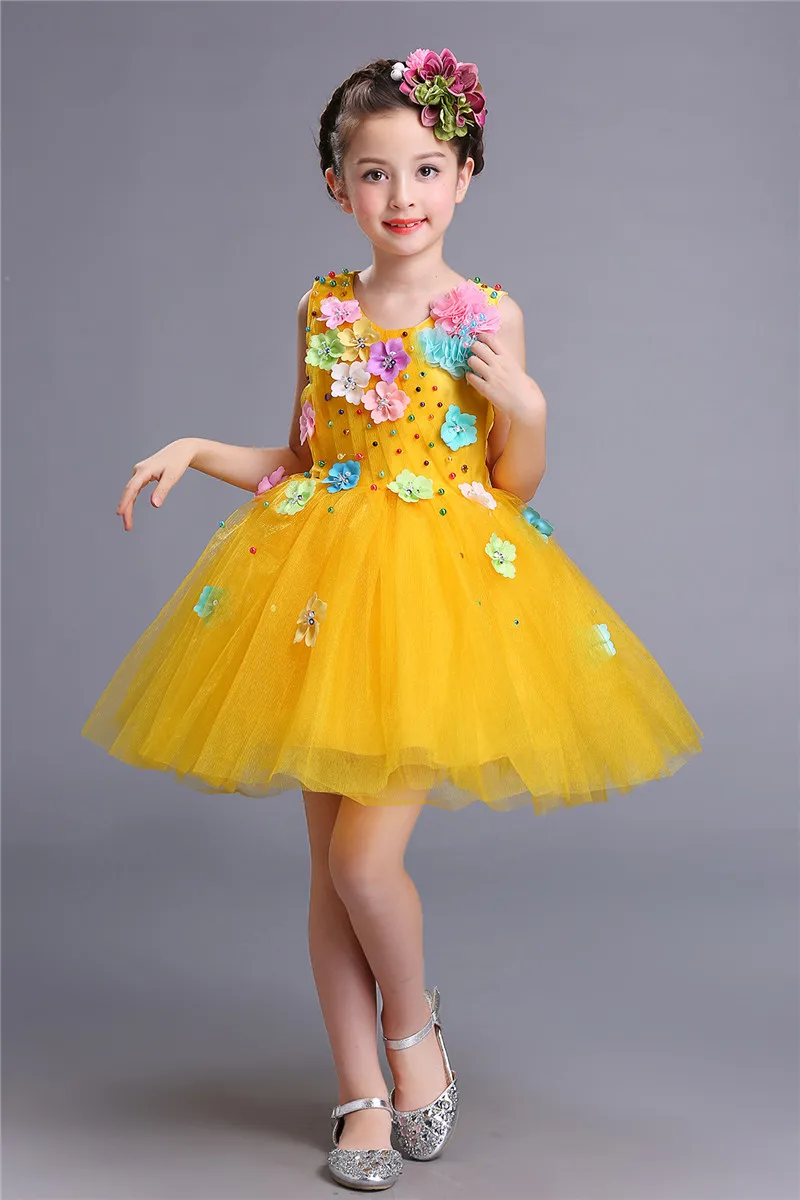 Пушистый костюм для девочек голубого и желтого цвета; платье для дня рождения; разноцветная юбка-пачка из тюля; нарядное платье с цветочным узором для маленьких девочек; Новинка