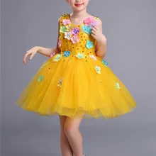 Пушистый костюм для девочек голубого и желтого цвета; платье для дня рождения; разноцветная юбка-пачка из тюля; нарядное платье с цветочным узором для маленьких девочек; Новинка