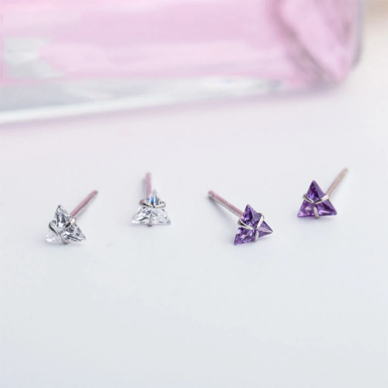 

925 Sterling Silver Mini Purple White Blue Zircon Triangle Stud Earrings For Women Girls Kids Cute Minimalist Jewelry Pendientes