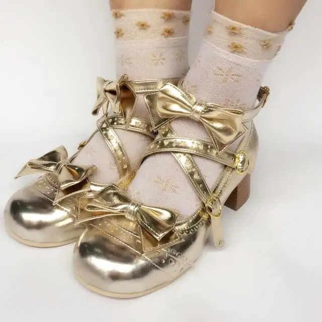 4.5cm High Heels Sweet Champagne Bow Cross Strap Lolita Pumps Princess Girls Cosplay Party Shoes | Обувь