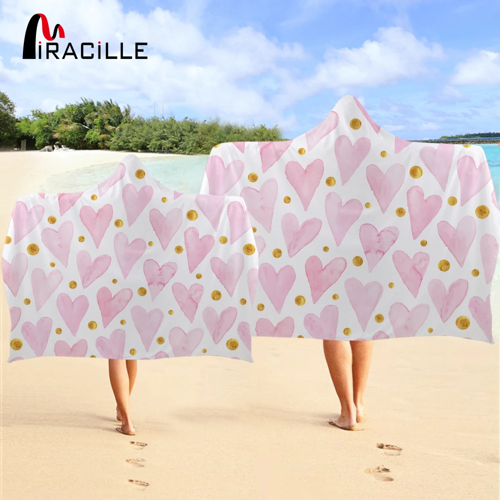 Miracille Pink Heart Wearable Hooded Towel Bohemia Geometric Bathroom Towel With Hood Spot Travel Beach Towel For Girls Kids