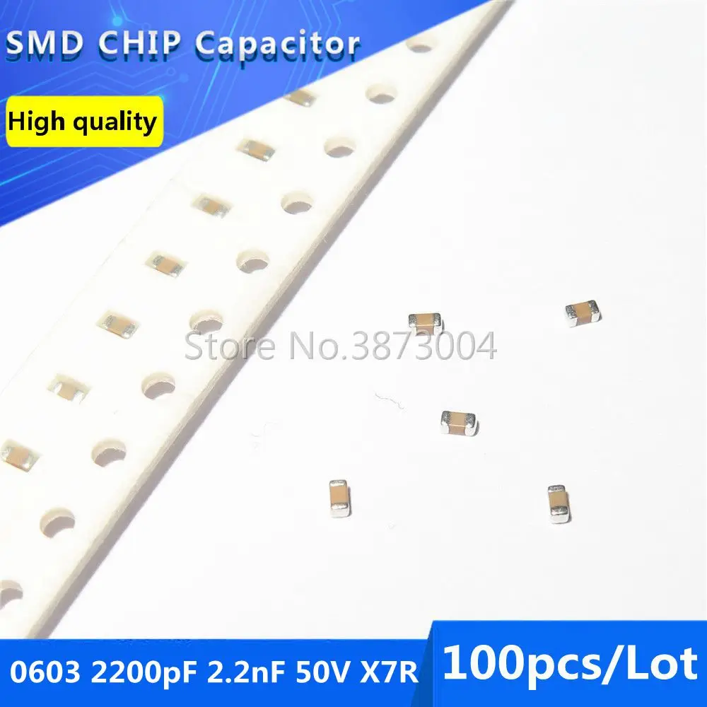 

100pcs 0603 2200pF 2.2nF 50V X7R 10% SMD Chip Capacitor