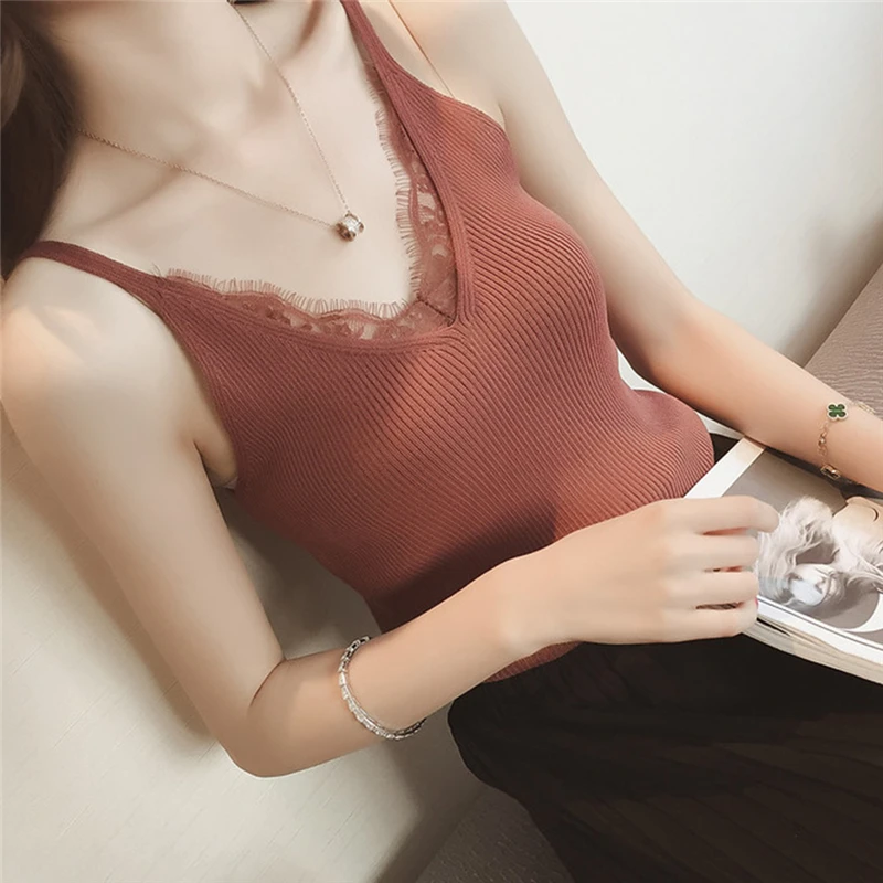 Женская блузка с кружевом и V образным вырезом|camisole lace|tank topv-neck vest |