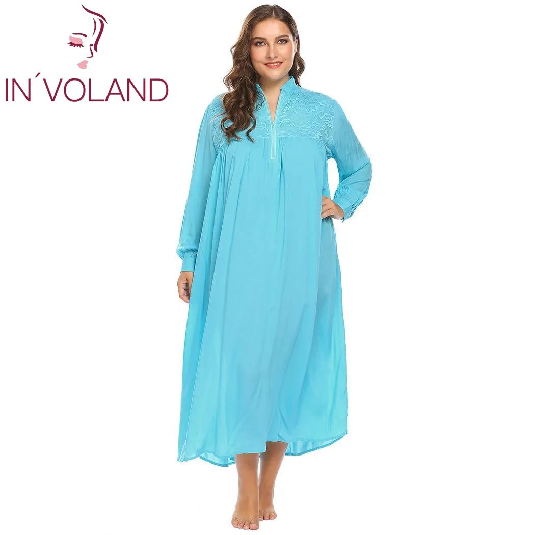 IN'VOLAND Women Sleepshirts Sleepwear Lounge Plus Size XL-5XL Lace Patchwork Loose Long Large Gown Nightgown Female Sleep Dress