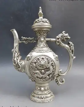 

9" China Silver carved Foo Dogs Lion Dragon wine pot sculpture flagon Statue