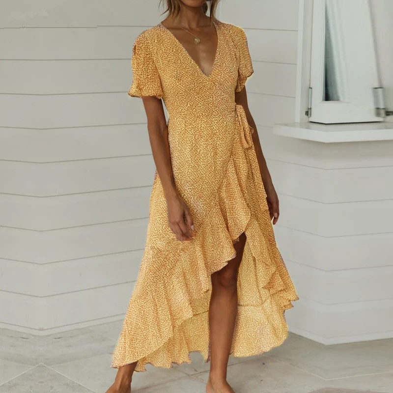 

Boho Sexy V Neck Long Maxi Beach Dress Wave Point Wrap Lace Up Casual Short Sleeve Dot Print Bow Women's Summer Ruffles Dresses