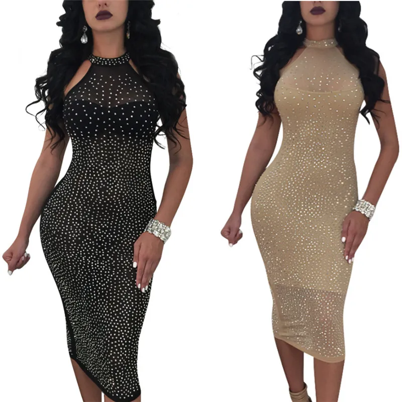 

Rhinestone Sexy Nightclub Dresses Women 2018 Autumn Winter Sleeveless Halter Sparkly Mini Bodycon Party Dresses Clubwear Vestido