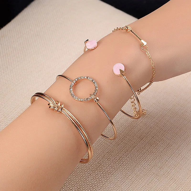 

LEADERBEADS 4pcs/set Women's Trendy Crystal Round Alloy Knot Arrow Pink Stone Open Cuff Bracelet Bangles Set Costume Jewelry