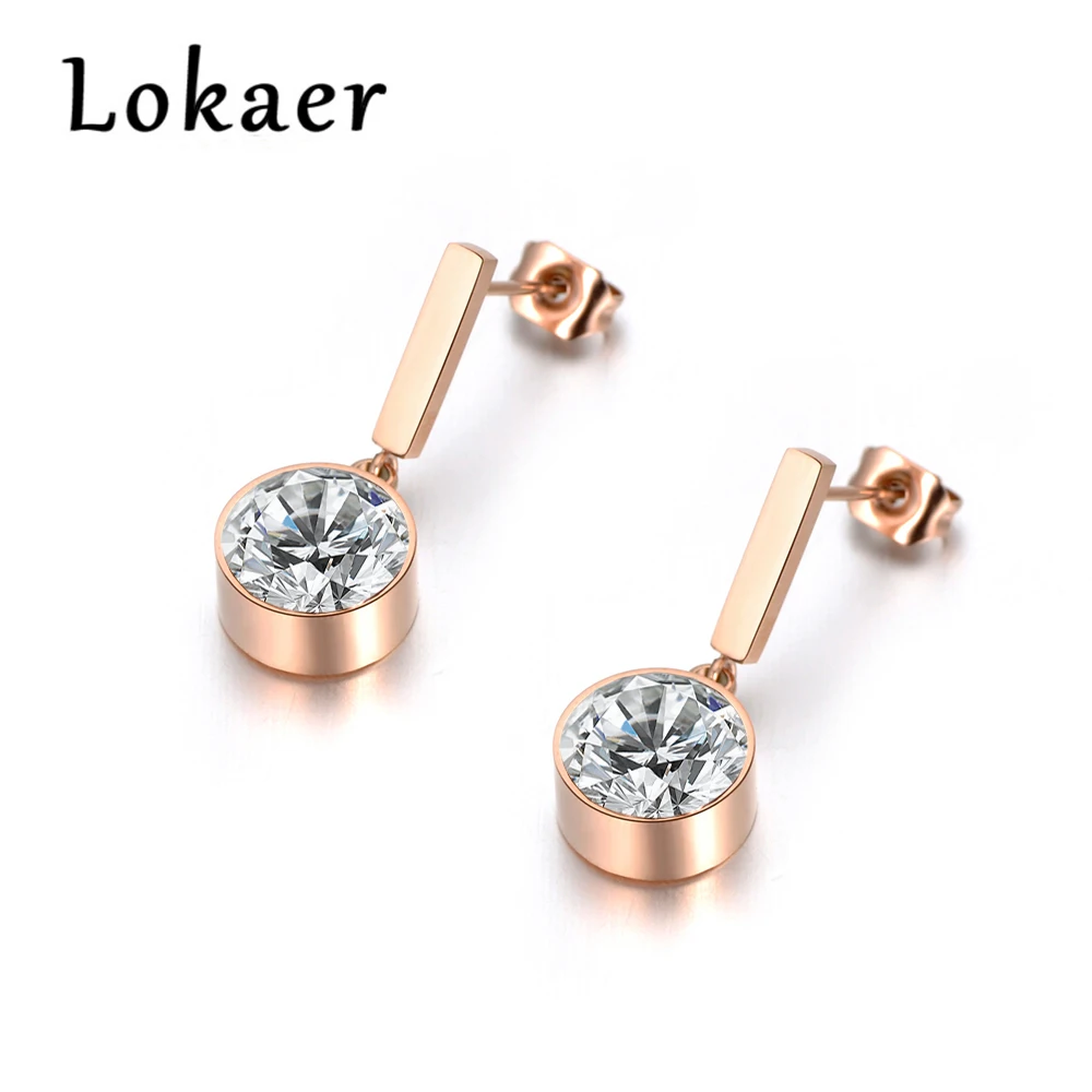 Lokaer Trendy Fashion Jewelry Black CZ Round Crystal Stud Earrings Stainless Steel Waterdrop For Women E18046