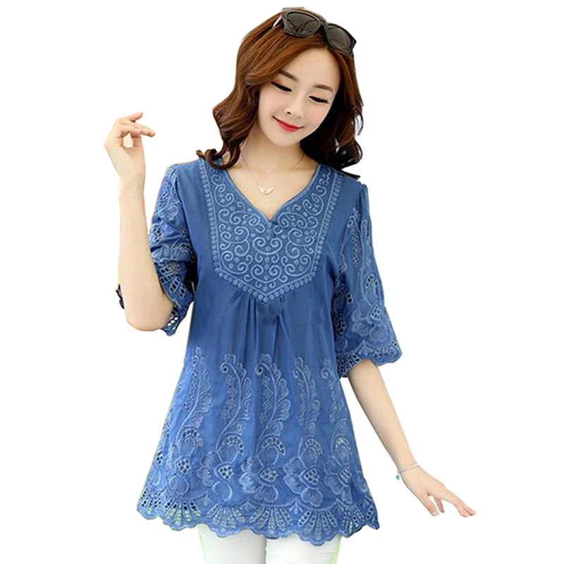

2019 Spring Summer Vintage Embroidery Large Size Loose Shirt Hook Flowers Hollow Half Sleeve V Neck Flax Solid Color Boho Tops