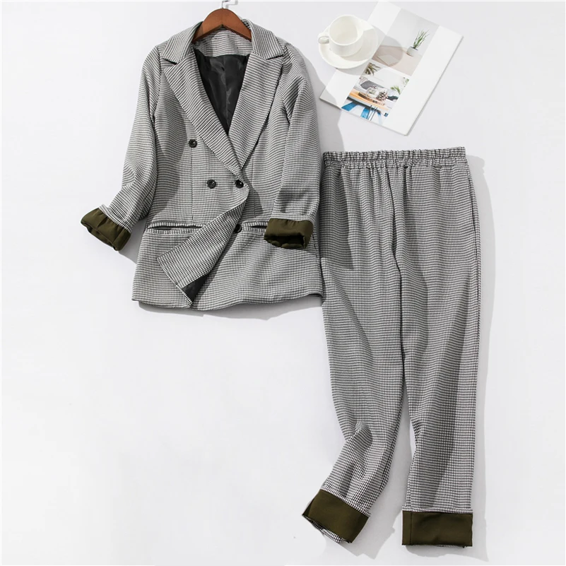 Korea Style Casual Plaid Women Pant Suits Notched Collar Blazer Jacket And Pencil Pant Elegant Gray Female Suit Set Korea Style Casual Plaid Women Pant Suits Notched Collar Blazer Jacket And Pencil Pant Elegant Gray Female Suit Set