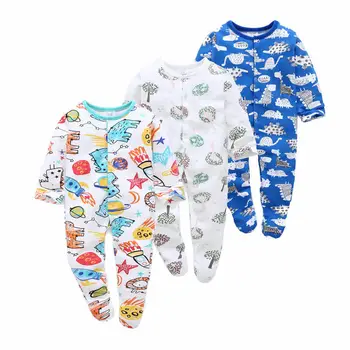 

100% Cotton Baby Footie Pajamas with Print Button Front Baby Sleep and Play 3 Pack 0-9Months