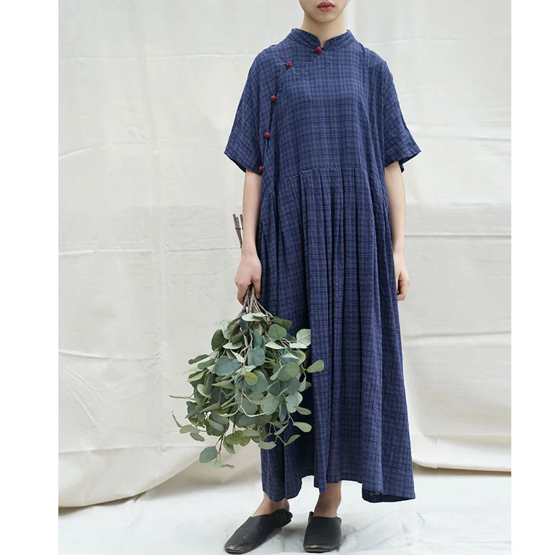 SCUWLINEN, китайский стиль, винтажное клетчатое платье с пуговицами размера плюс, свободное Плиссированное хлопковое платье, летнее платье, длинное платье L1880