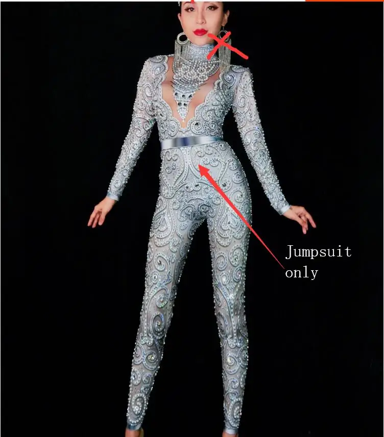 High-end Female Silvery Gray Crystals Jumpsuit Sexy Stretch Skinny Pearl Bodysuit Singer Bar Party Stage Performance DS Costume - Цвет: Silvery gray