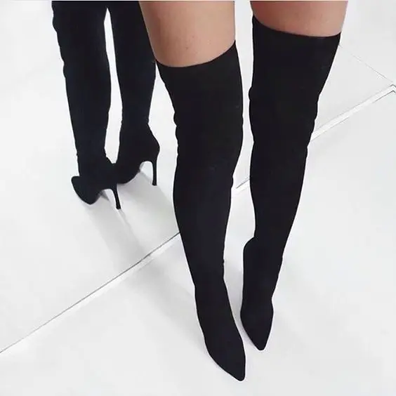 Женские шикарные черные замшевые сапоги до бедра; модельные туфли-лодочки на высоком тонком каблуке; танцевальные сапоги для ночного клуба; обувь-Гладиатор; Прямая поставка