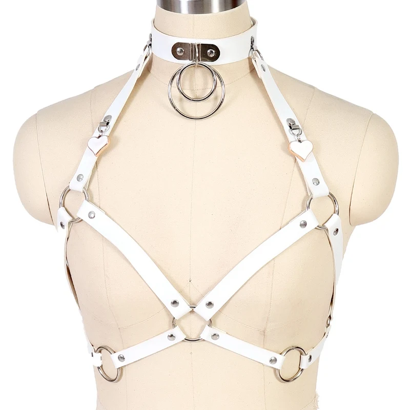 

White Leather Harness Chest Bondage Cage Bra Sexy Black GothicO-Ring Hollow Out Adjust Lingerie Halloween Dance Festival Rave