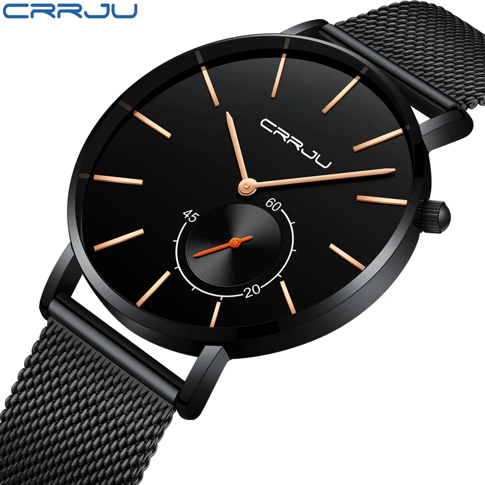 

Creative Stainless Steel Mesh Strap Ultra Thin Men Quartz Watches Luxury Male Business Wrist Watch CRRJU Casual Sport Clock