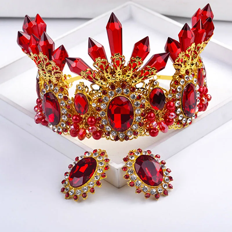 

European Vintage Baroque Red Crystal Woman Tiaras and Crown Earrings Rhinestone Diadem Wedding Prom Bridal Hair Accessories VL