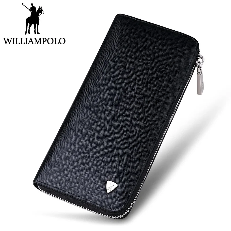 

WILLIAMPOLO Leather Wallet Men Long Zipper Purse with Phone Pocket Fashion Black Blue Clutch Wallet For Men Businessman Husband