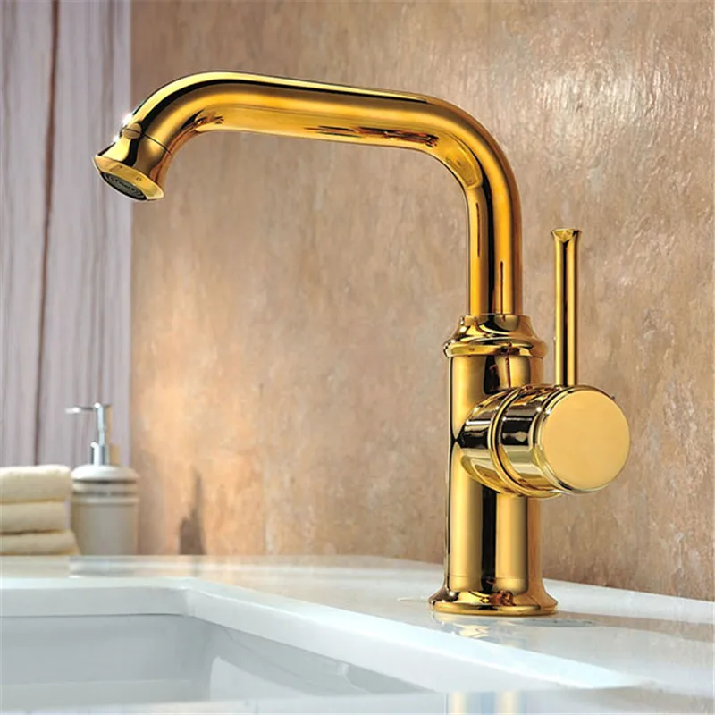 

Free shipping Bathroom Deck Mounted Basin Vessel Sink Faucet Golden Basin Mixer Taps Single Handle