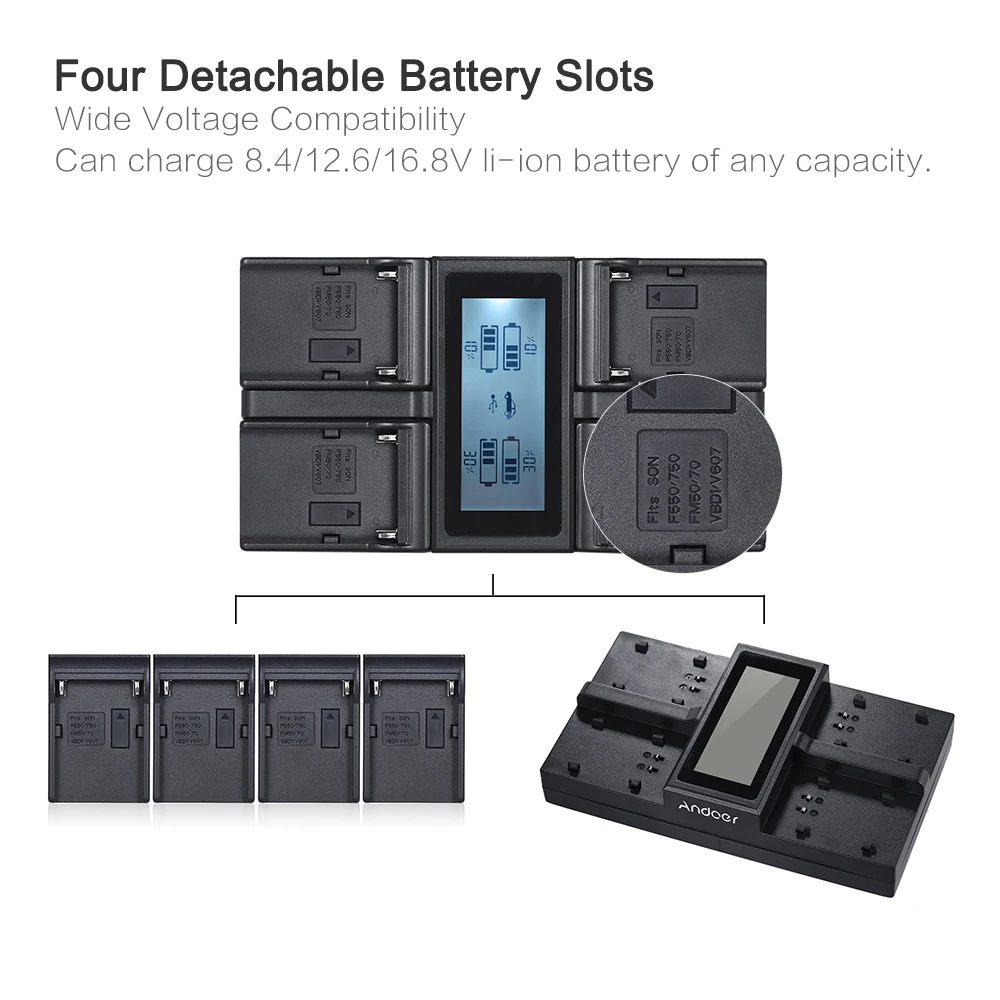 Andoer NP-F970 4-Channel Digital Camera Battery Charger for Sony NP-F550 F750 F950 NP-FM50 FM500H QM71 with DC Car Charger