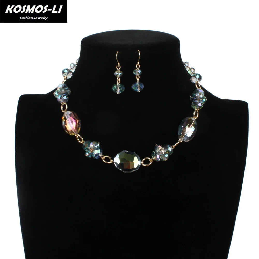 

Crystal Multifaceted Beads Jewelry Set For Women Long Drop Earrings Chains Statement Necklace Party Gift