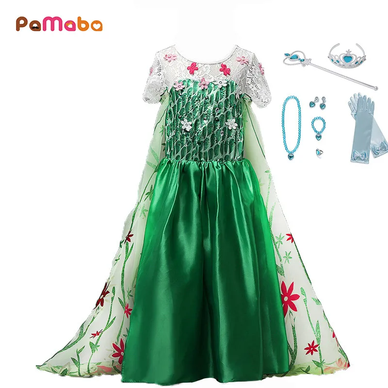 

PaMaBa Children Elsa Princess Frocks Birthday Party Elsa Clothes Girls Prom Dresses Lace Appliques Elsa Robes with Floral Cloak