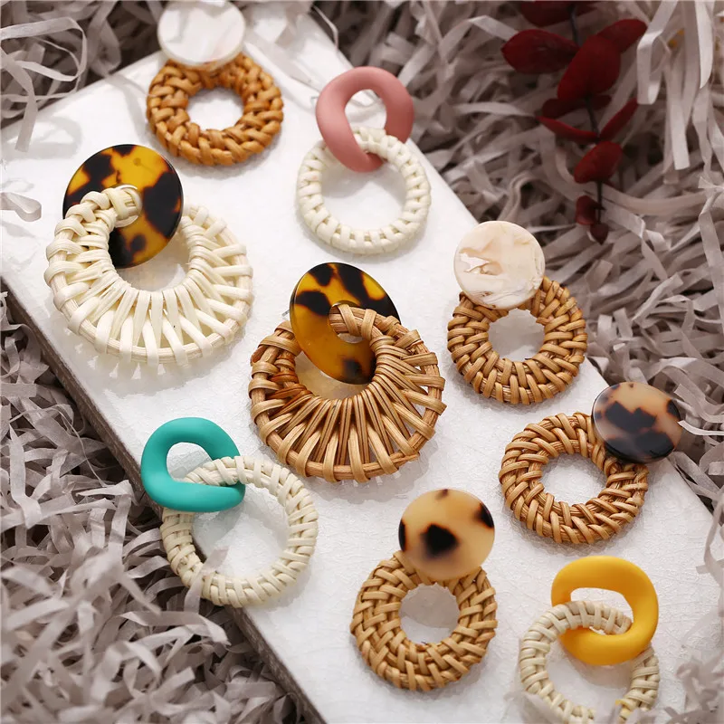 

Vintage Bamboo Braided Wicker Straw Rattan Earrings Handmade Tortoise Shell Acetate Wooden Earrings for Women Statement Jewelry