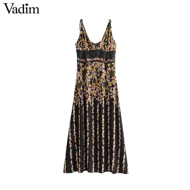 

Vadim sexy V neck floral print lace patchwork maxi dress adjustable straps side split backless chic long dresses vestidos QB494