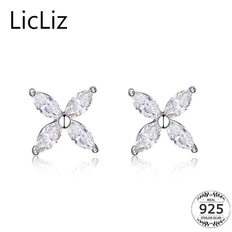 LicLiz 925 пробы серебряные серьги гвоздики с цветком женские четырьмя лепестками и