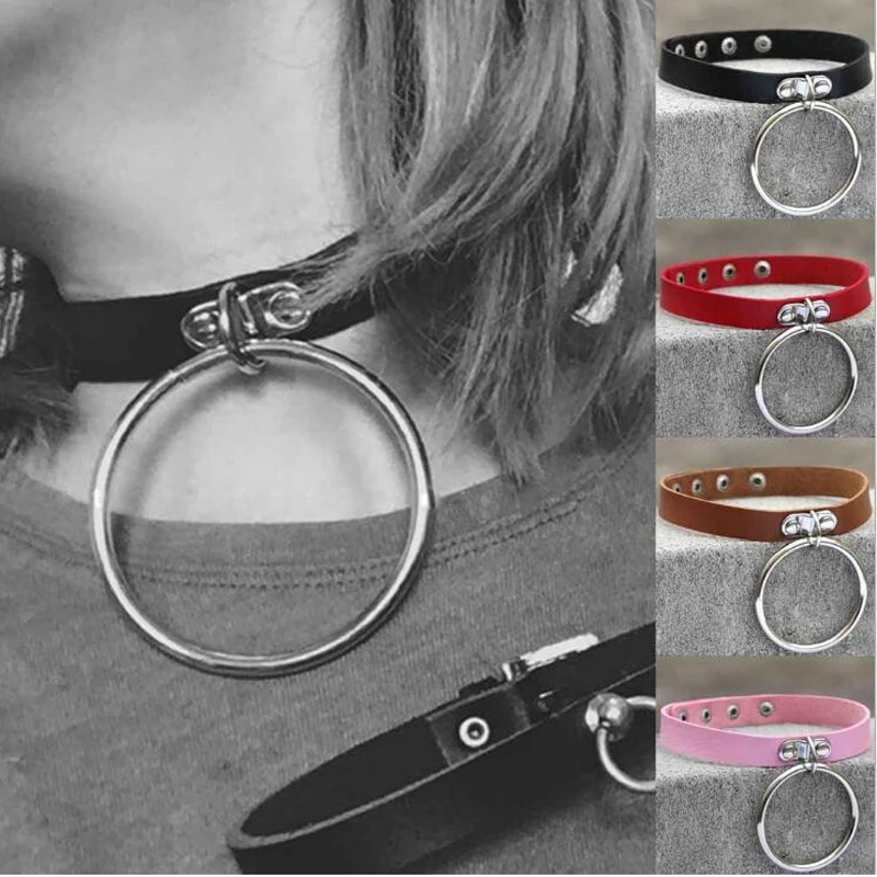 

2017 Women Men Jewelry Trendy Punk Rock Sexy Harajuku Big Metal Round Pendant Leather Collar Choker Necklace Statement Collares