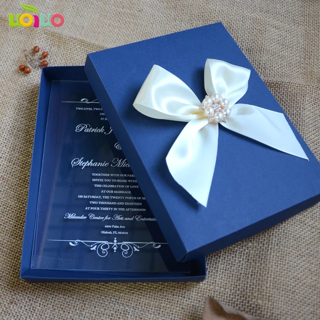 Latest royal blue acrylic wedding invitation card box elegant clear