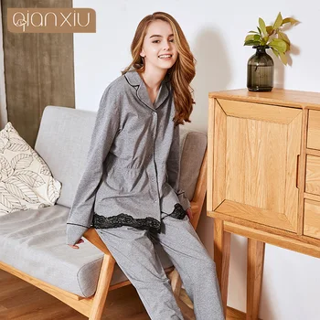 

Qianxiu 2018 women's pajamas cotton with lace lapel V-neck Women's ligerie pajamas 18113