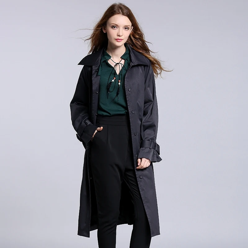 Hot Sale Women Trench Coat Long Sleeve Black Long Coat Female Plus Size ...