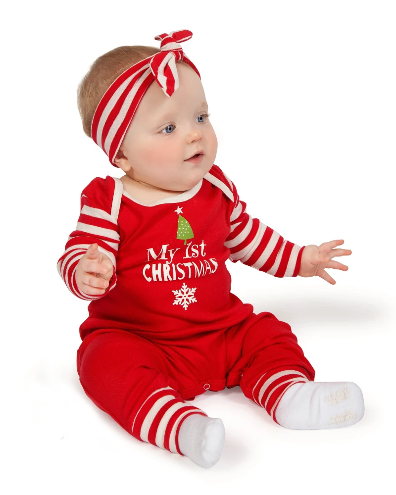 Рождество новорожденных обувь для девочек полосатый комбинезон брюки повязка на голову 2 шт. наряды одежда От 0 до 2 лет