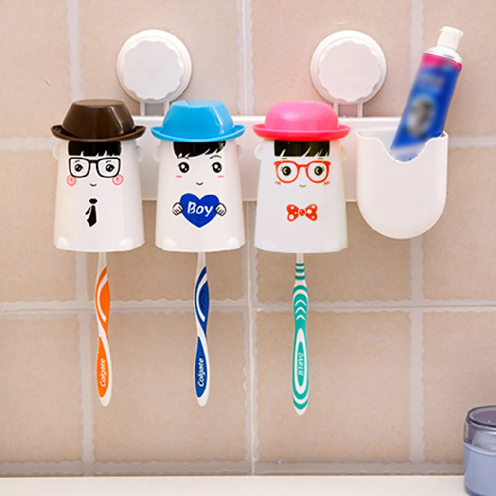 Eco Friendly Happy Family Of Three Double Sucker Toothbrush Holder Wash