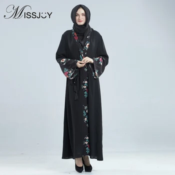 

MISSJOY Middle Eastern Arab Muslim Robe Loose Women Full sleeve flower print Fashion Front Open Abayas Black vintage long dress