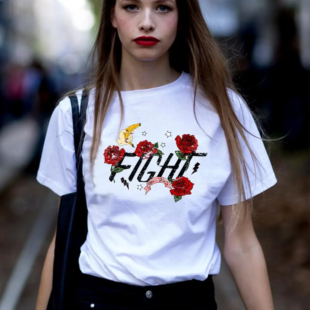

Fight Like a Girl Feminist t-shirt Vintage Floral Print Summer Style tshirt WomenTop&Tees Plus Size White Shirt Woman Clothes