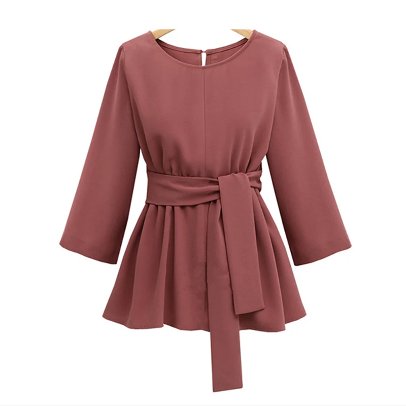 

Fashion 4XL 5XL Plus Size Women Long Sleeve Chiffon Shirt Bow Tie Belt Slim Waist Female O Neck Blouse Pleated Cheap peplum Tops