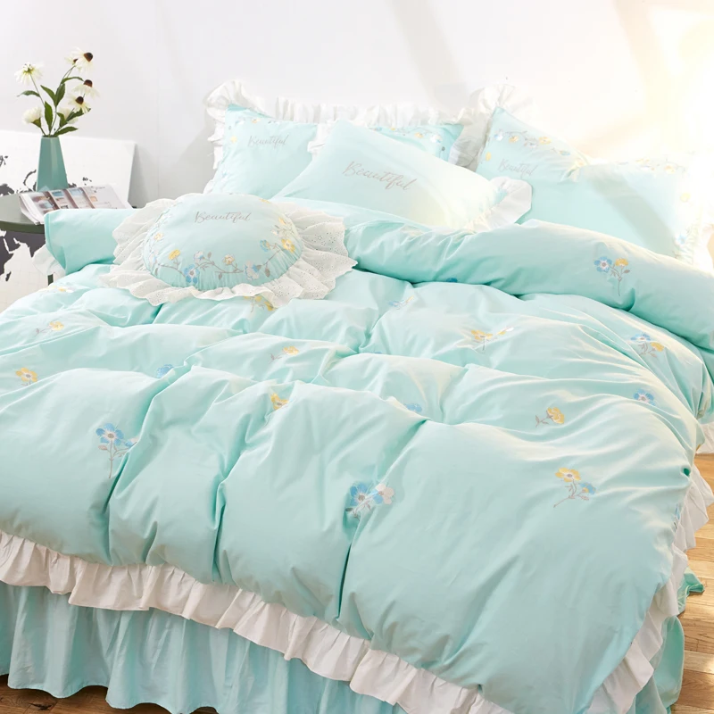 European pastoral bedding set embroidery flowers lotus leaf edge duvet