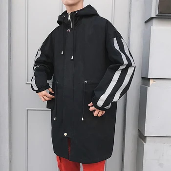

Autumn And Winter 2018 Men's Fashion Tide Reflector Design Even Cap Windbreaker Loose Casual Black/Grey Color Trench Coats M-2XL