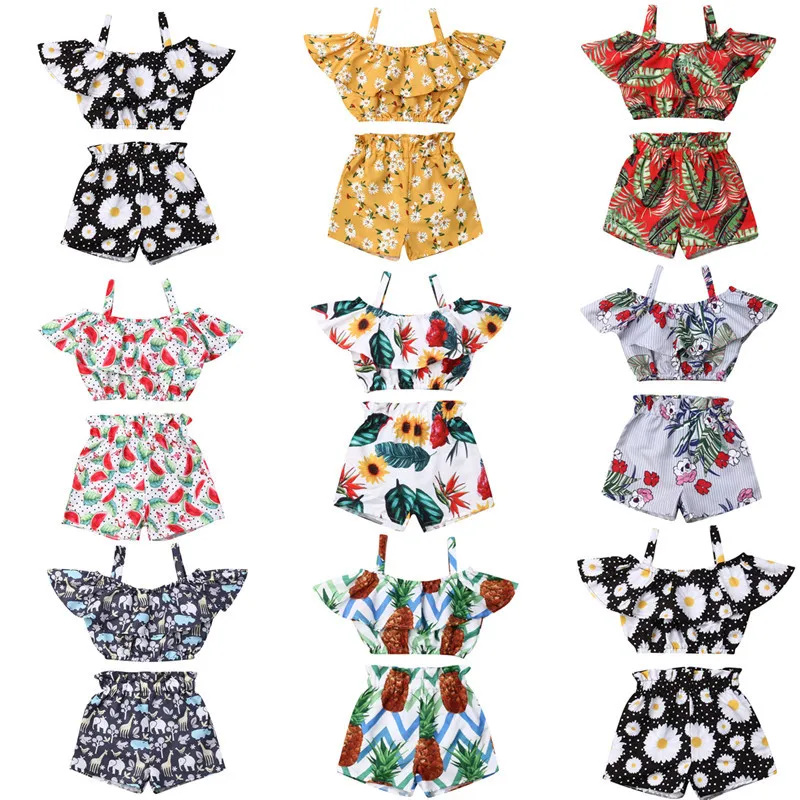 

Girls Summer Clothing Set Newborn Infant Baby Girls Off Shoulder Floral Print Tops Shirt+Shorts Princess Outfits Sets For Girls