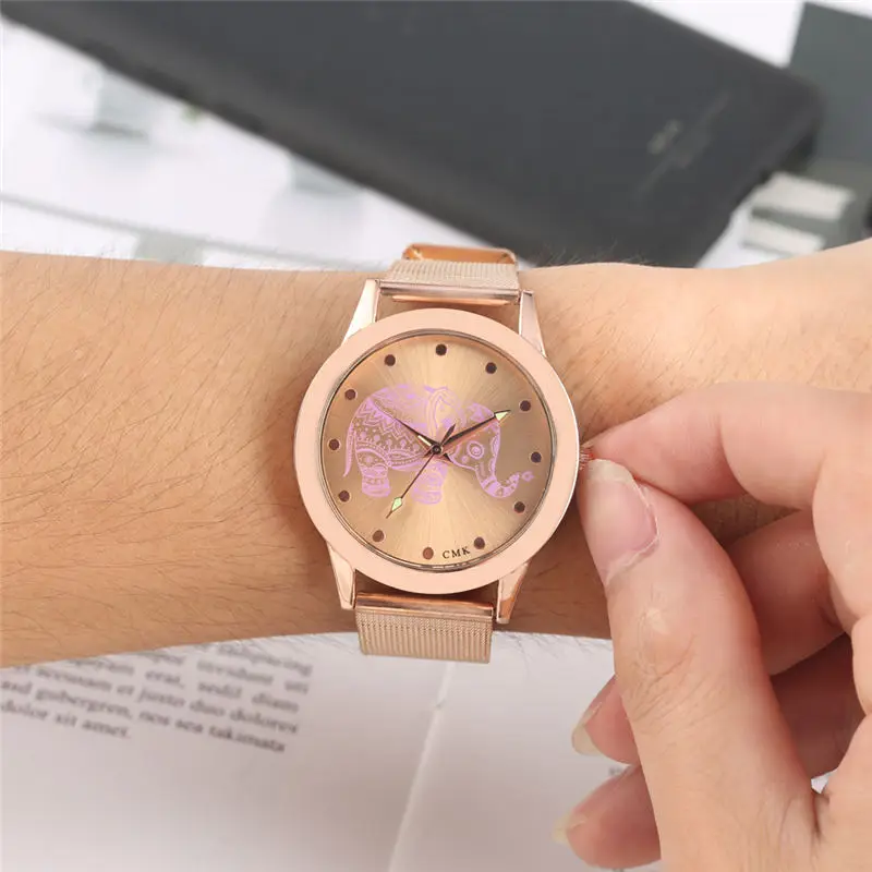 

Women Watch Quartz Exquisite Creative Elephant Pattern Dial Wristwatches Rose Gold Stainless Steel Mesh Girls Clock reloj