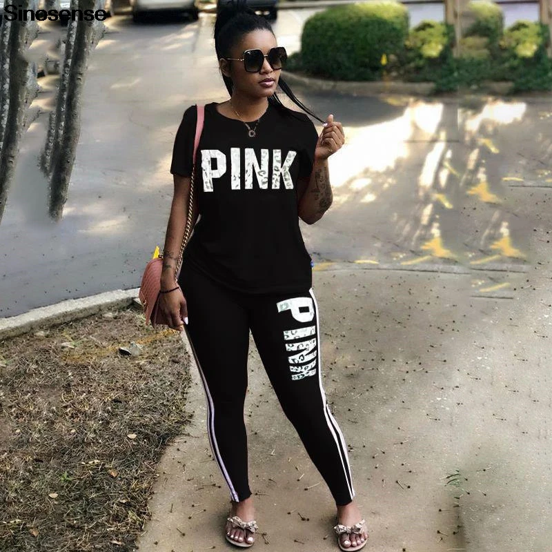 

Plus Size Pink Clothing Two Piece Set 2019 Sports Tops+Long Pants Tracksuit Women Letter Print Pink Outfits Casual 2 Piece Set