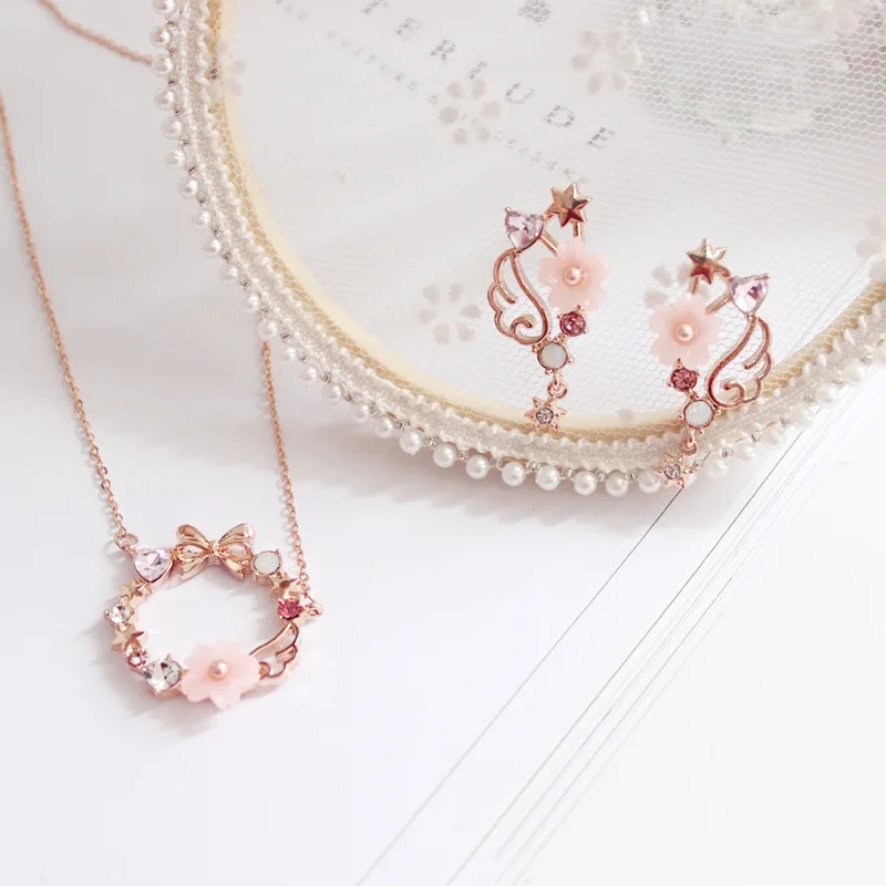 Japanese Pink Card Captor Sakura Earrings Rose Gold Color Angel Wing Rhinestone Sailor Moon Star Drop Earrings For Women Girls - Image 5
