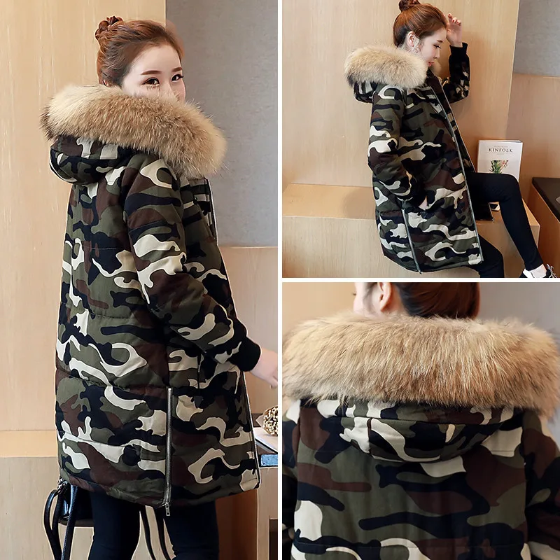 Камуфляжные военные куртки, Зимняя женская куртка Chaqueta Mujer, толстые хлопковые макси пальто с капюшоном и меховым воротником, Зимняя парка C3443