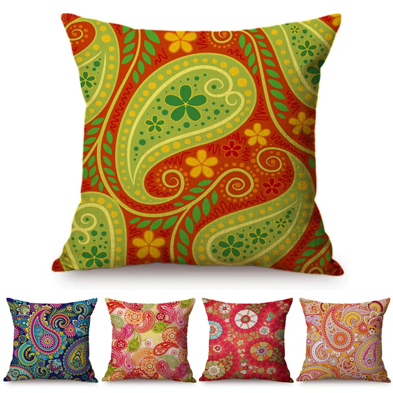 Paisley Cushion Cover Bohemian Style Pillow Cover Cotton Linen Square