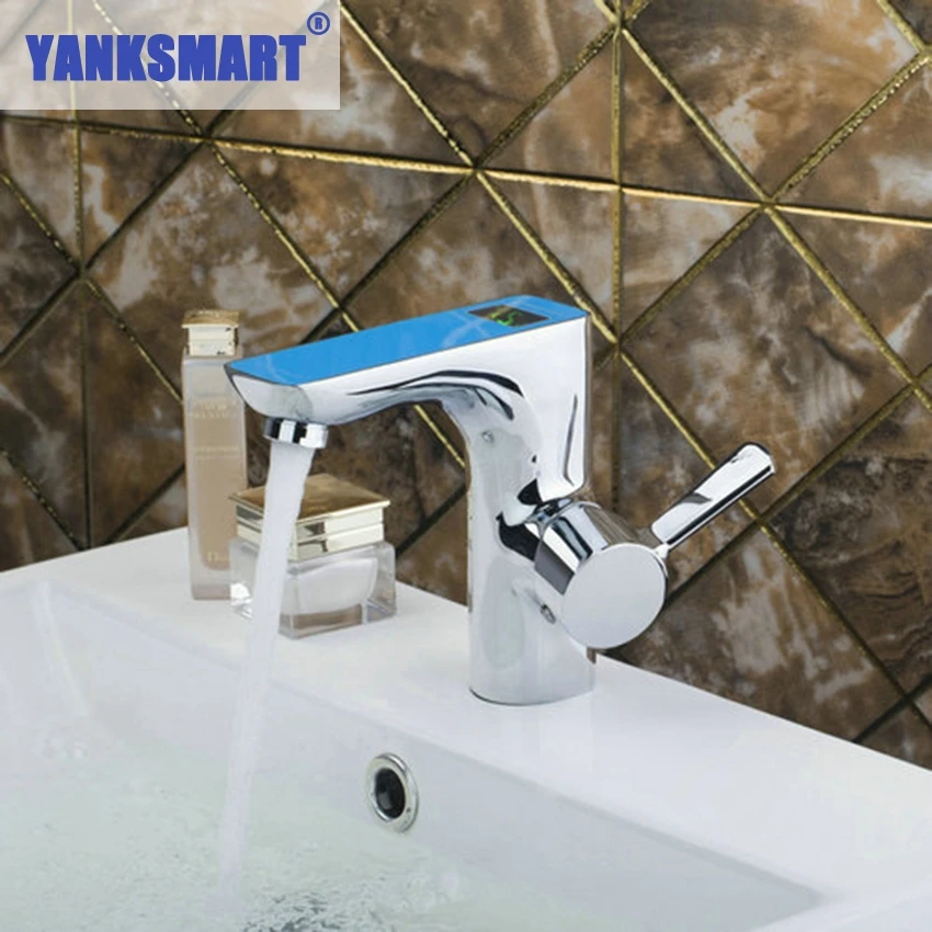 YANKSMART Blue Digital Display Bathroom Chrome Brass Deck Mounted 97121